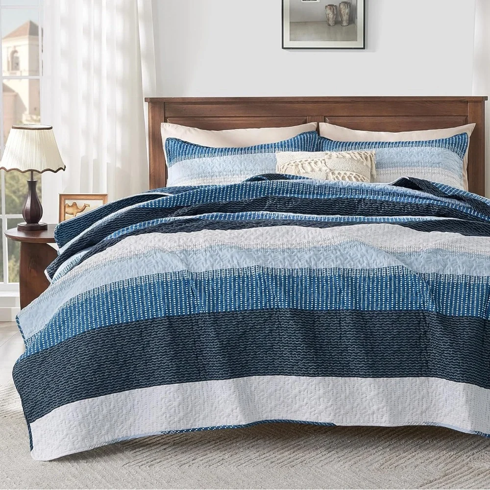 Navy Blue Striped Quilt Queen, 3 Pieces Coverlet Set New